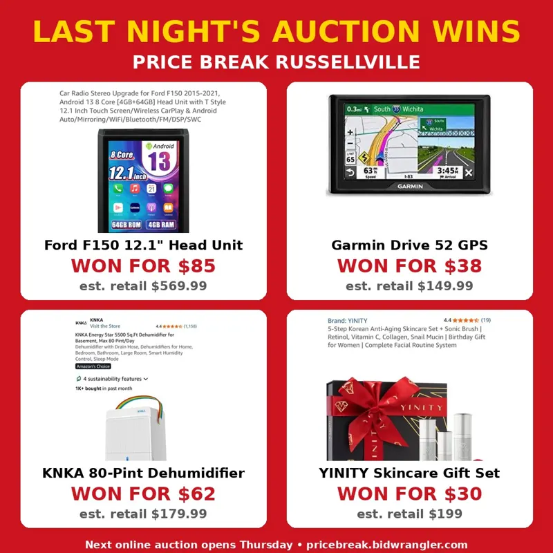 Recent auction wins at Price Break Russellville